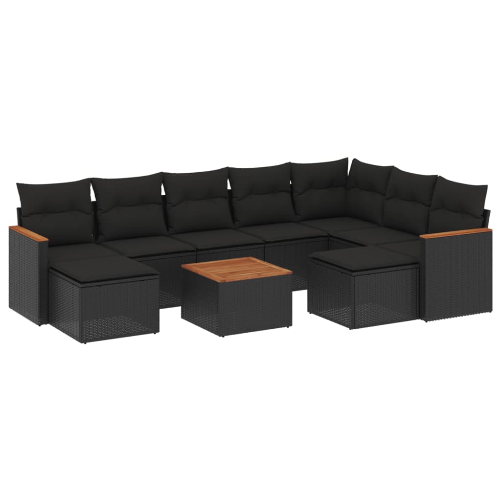 Salon de jardin 10 pcs avec coussins noir résine tressée