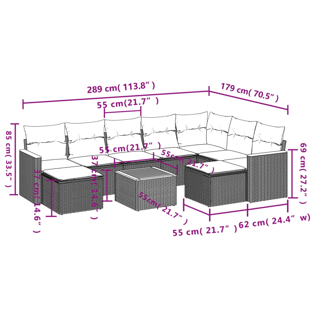 Ensemble de canapé de jardin 10 pcs avec coussins gris résine tressée