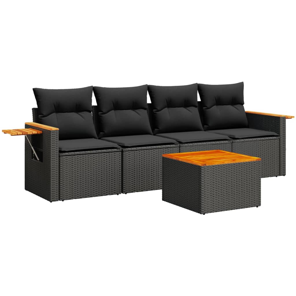 Salon de jardin 5 pcs avec coussins noir résine tressée