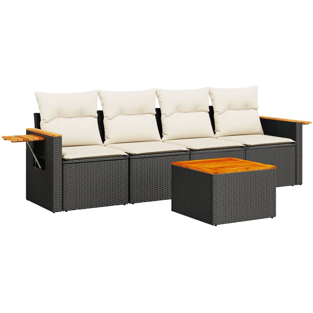 Salon de jardin 5 pcs avec coussins noir résine tressée