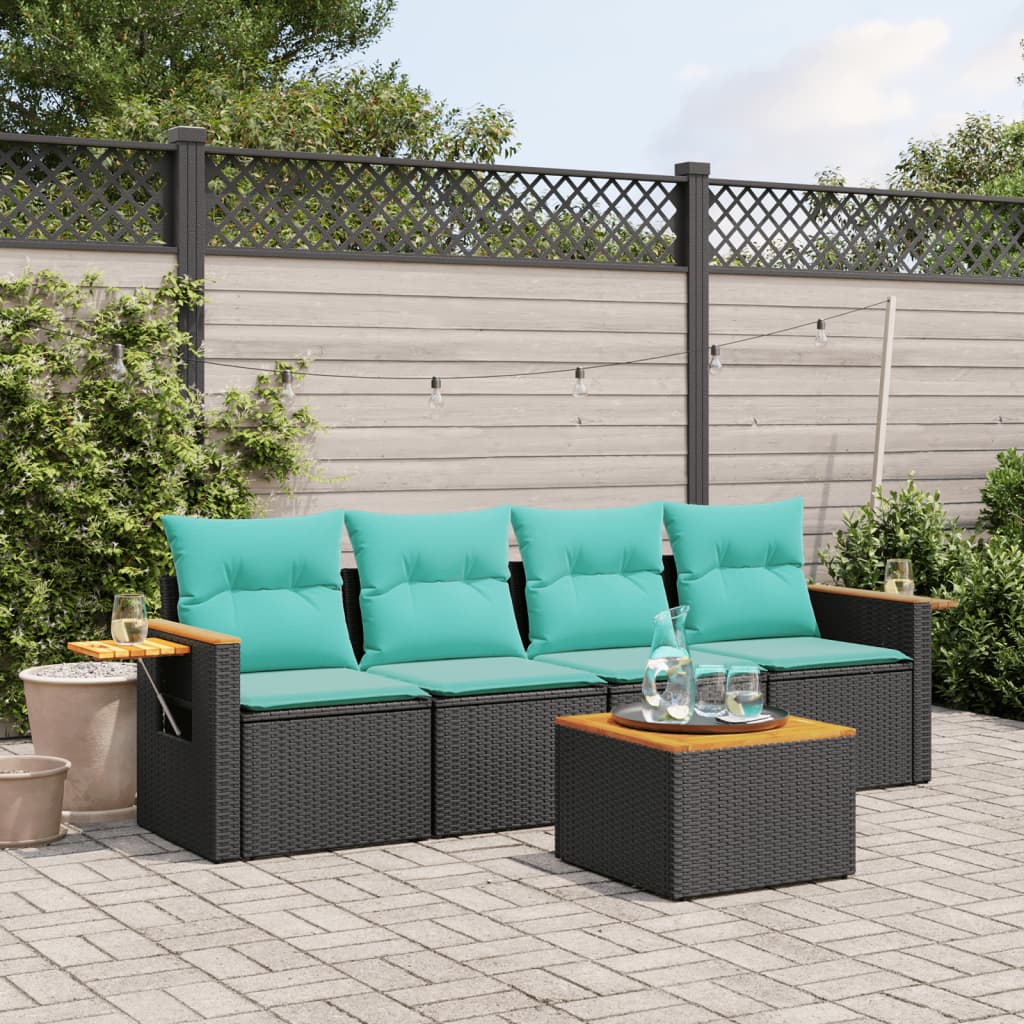 Salon de jardin 5 pcs avec coussins noir résine tressée