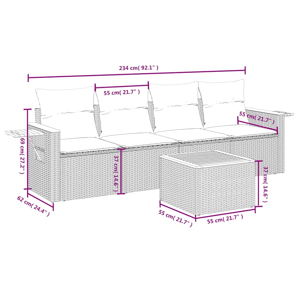 Salon de jardin 5 pcs avec coussins gris résine tressée
