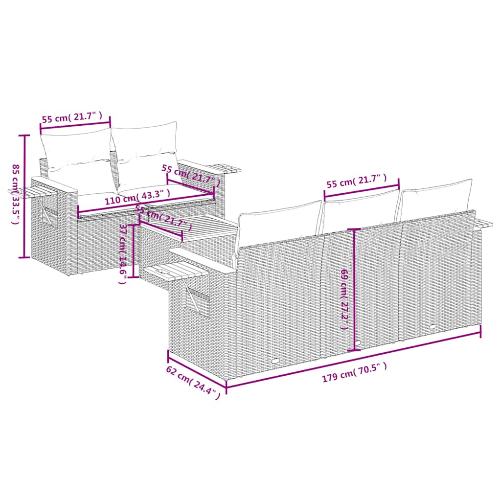 Salon de jardin avec coussins 6 pcs beige résine tressée