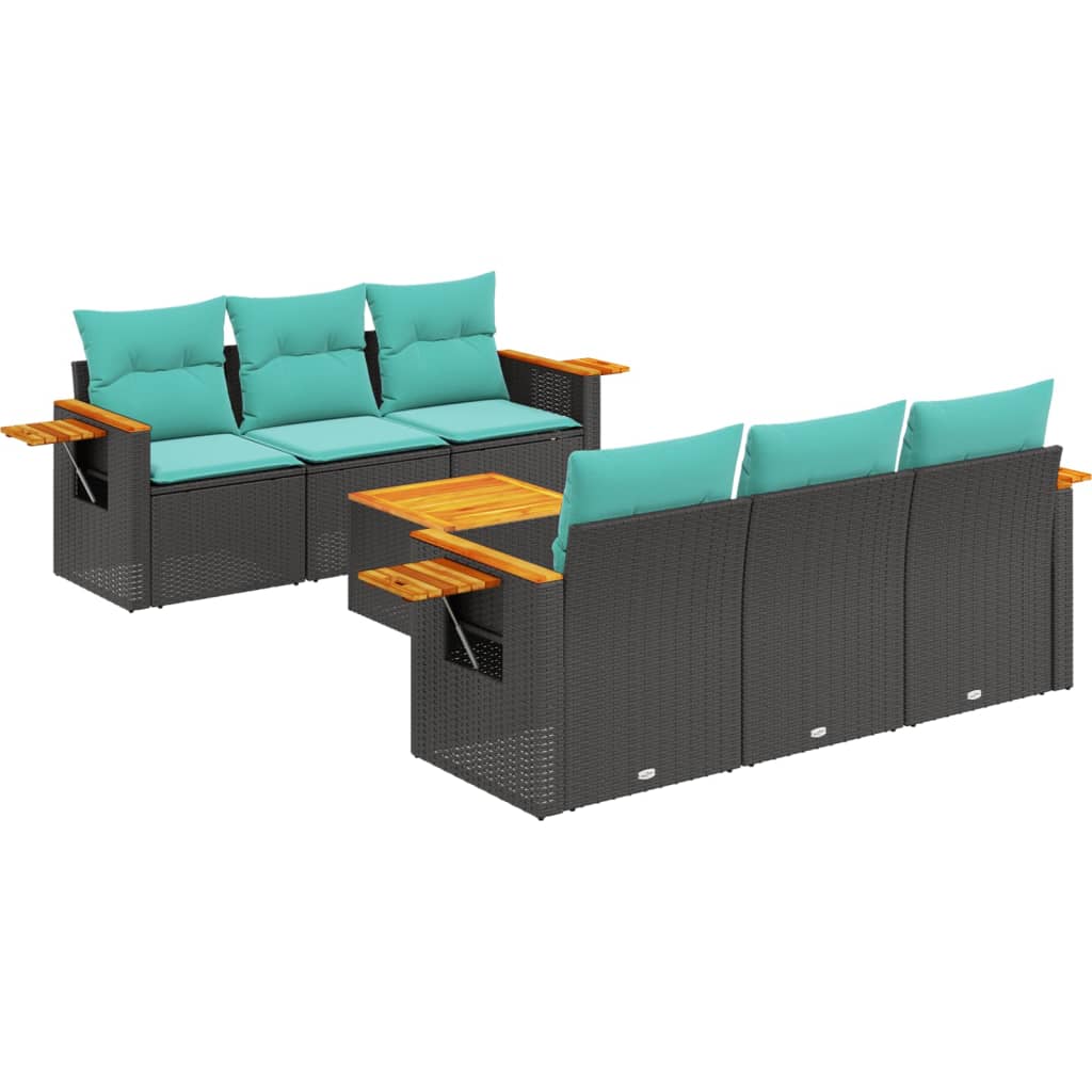 Salon de jardin 7 pcs avec coussins noir résine tressée