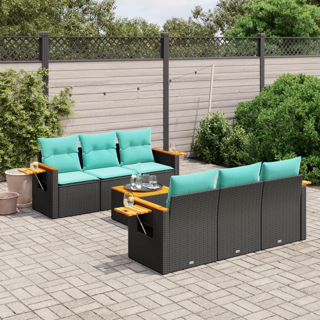 Salon de jardin 7 pcs avec coussins noir résine tressée