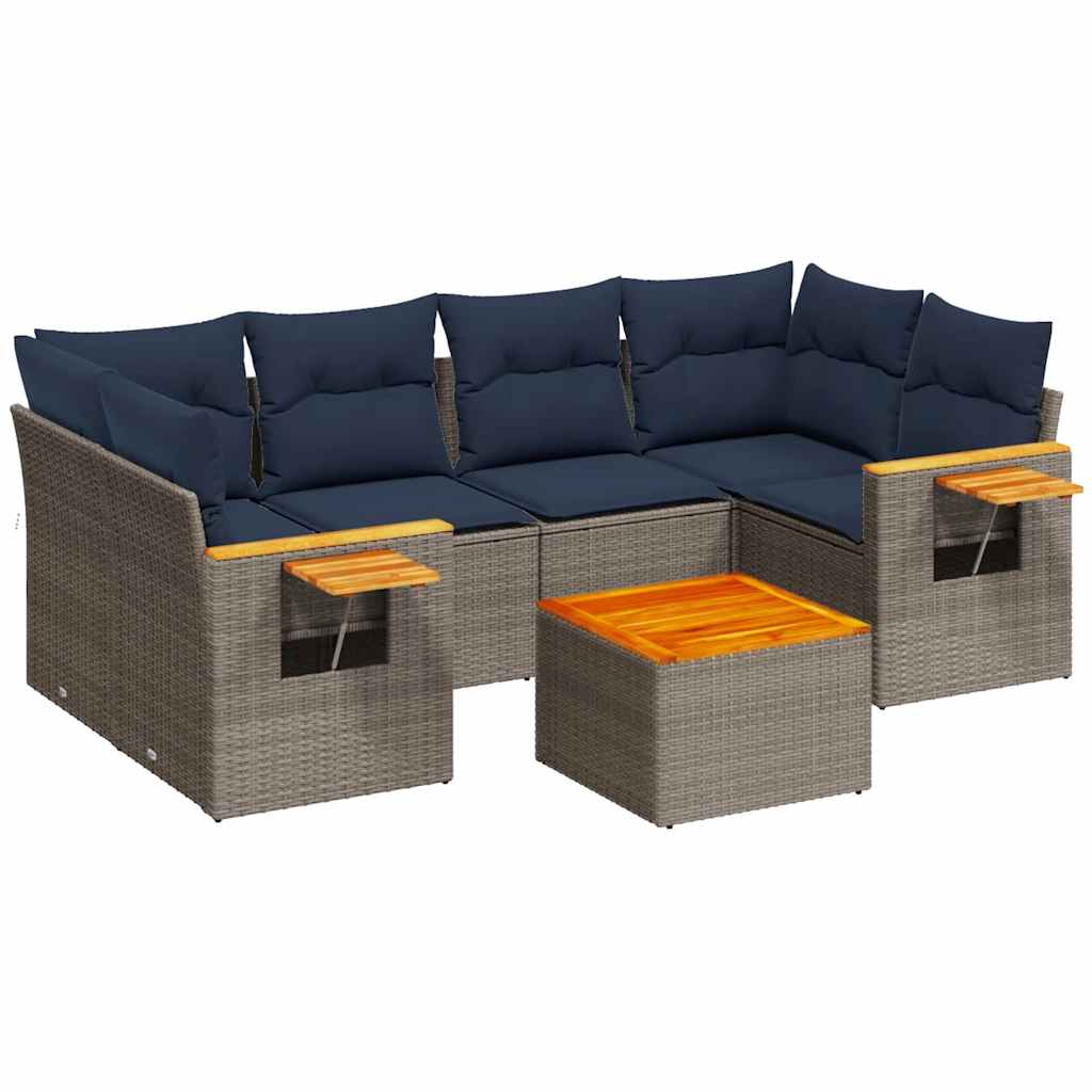 Salon de jardin 7 pcs avec coussins gris résine tressée