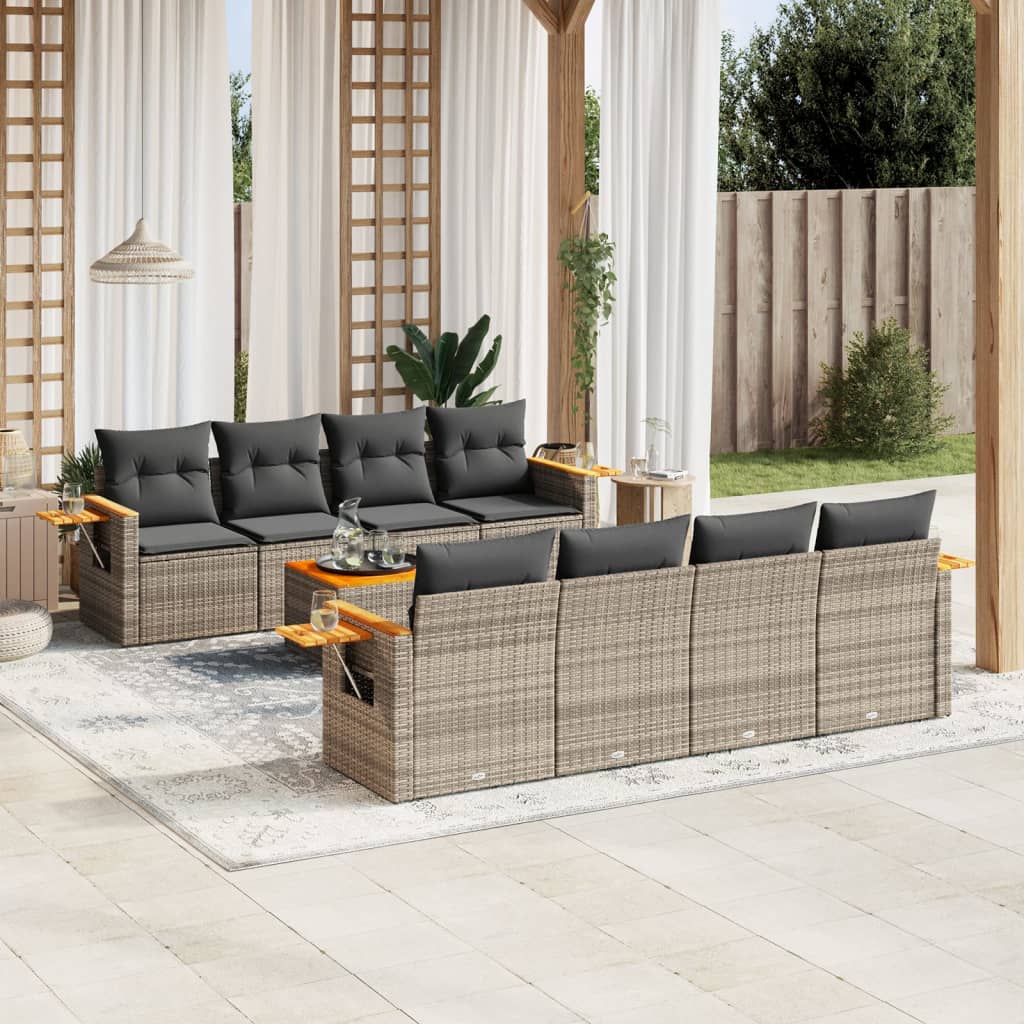 Salon de jardin 9 pcs avec coussins gris résine tressée