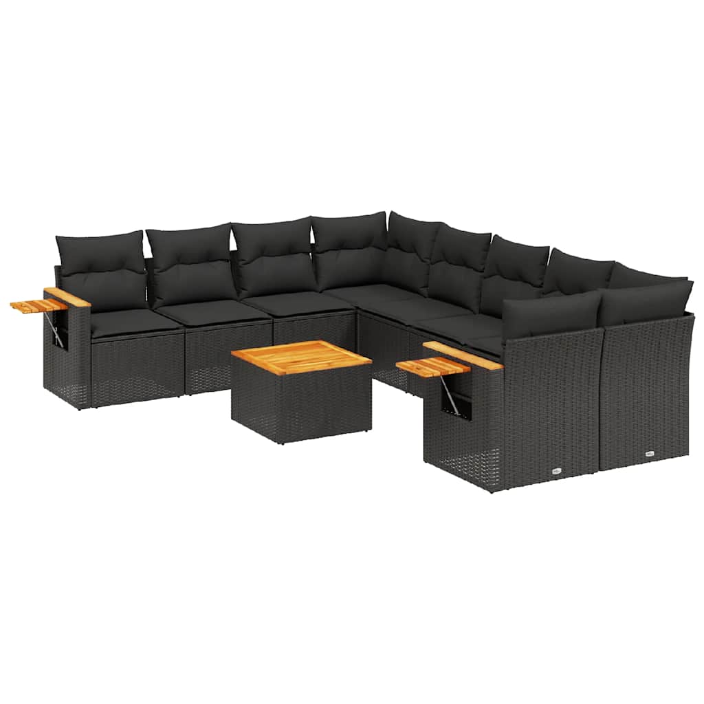 Salon de jardin 9 pcs avec coussins noir résine tressée