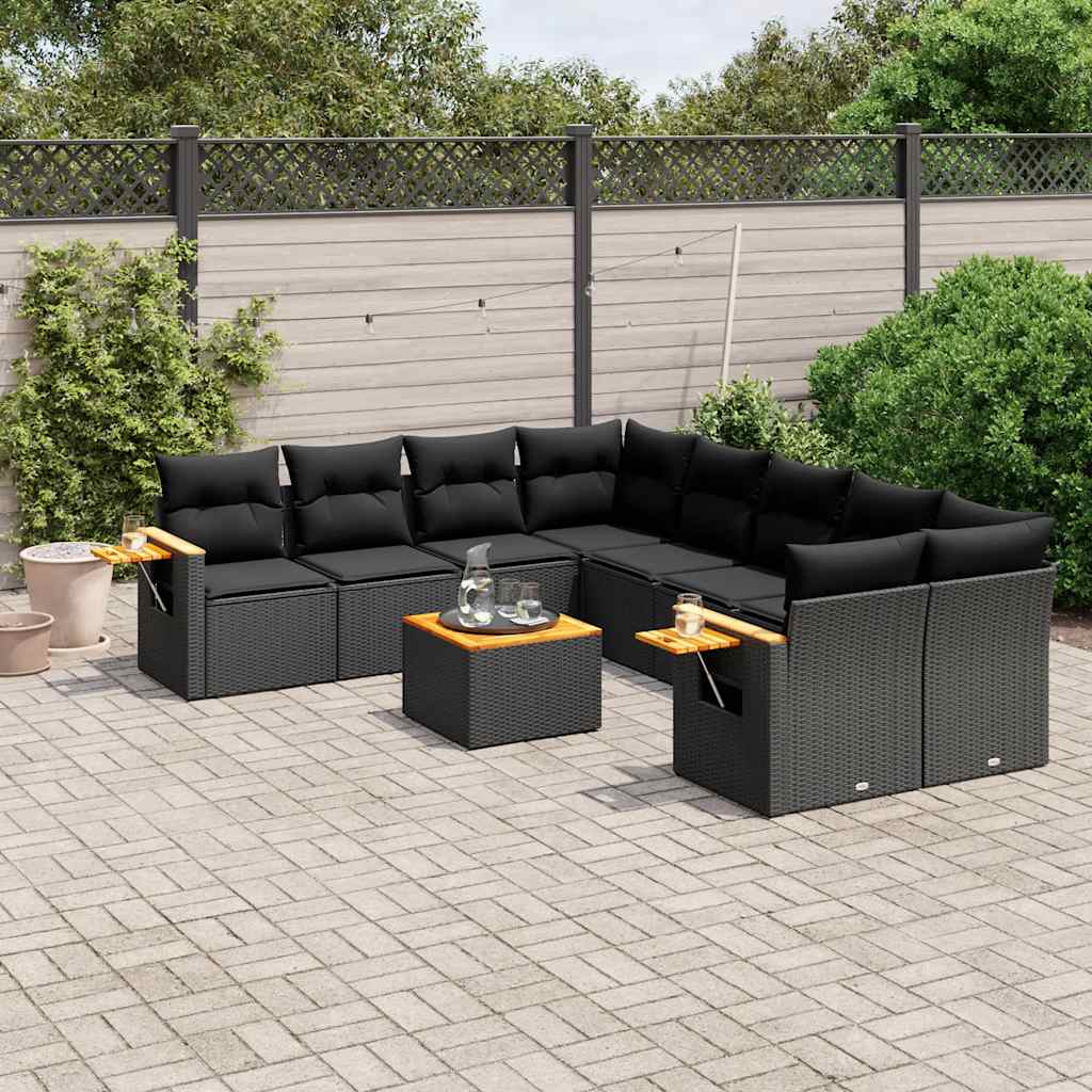 Salon de jardin 9 pcs avec coussins noir résine tressée