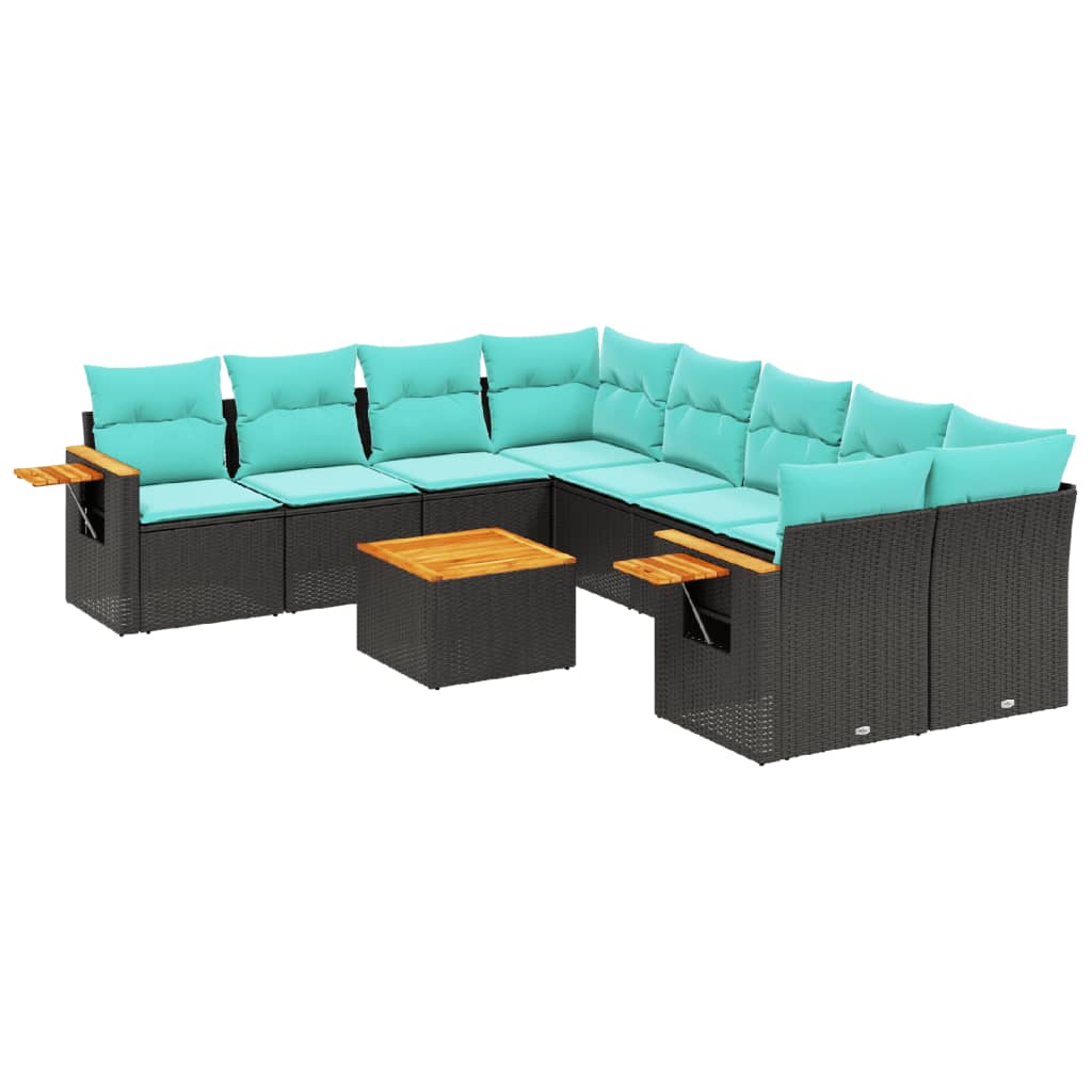 Salon de jardin 9 pcs avec coussins noir résine tressée