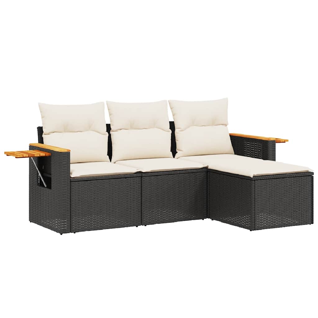 Salon de jardin 4 pcs avec coussins noir résine tressée