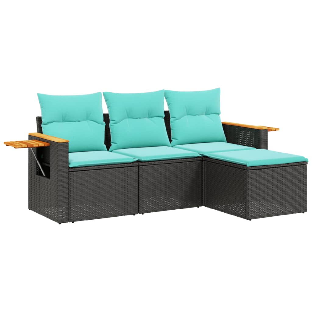 Salon de jardin 4 pcs avec coussins noir résine tressée