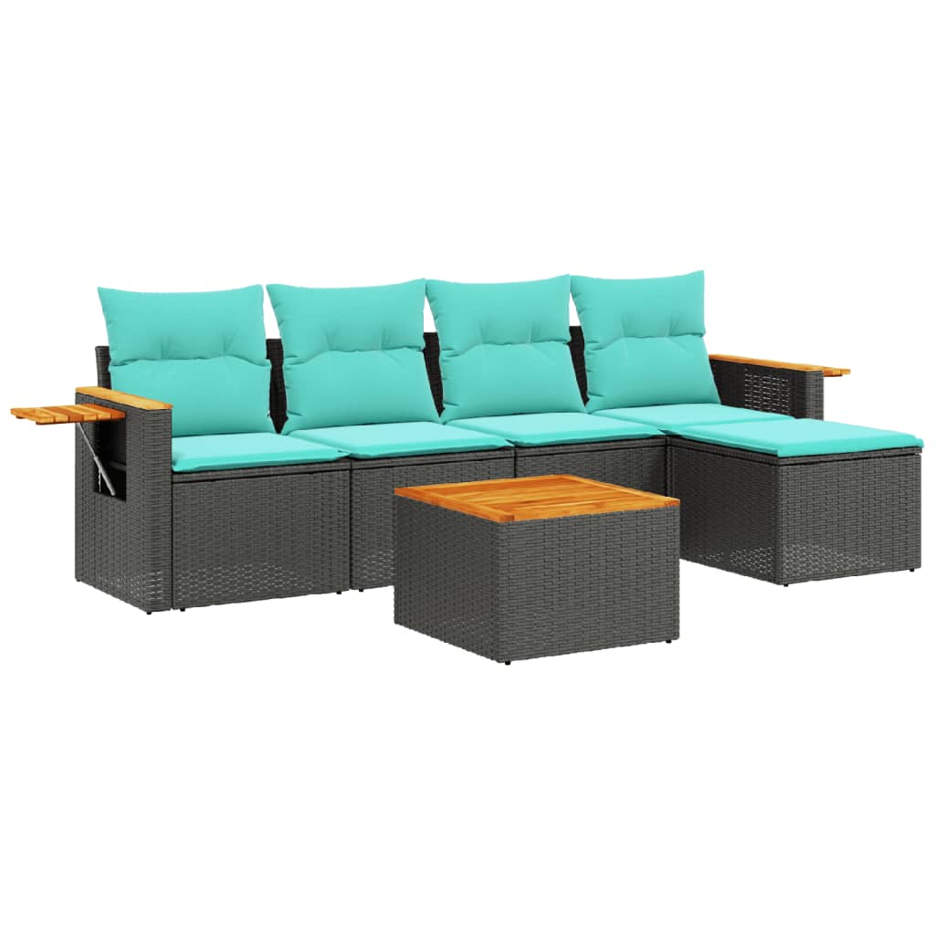 Salon de jardin 6 pcs avec coussins noir résine tressée