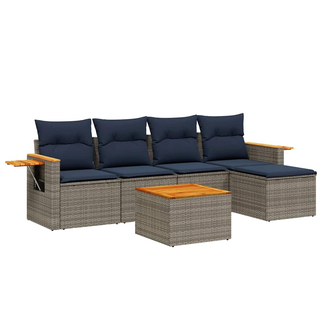Salon de jardin 6 pcs avec coussins gris résine tressée