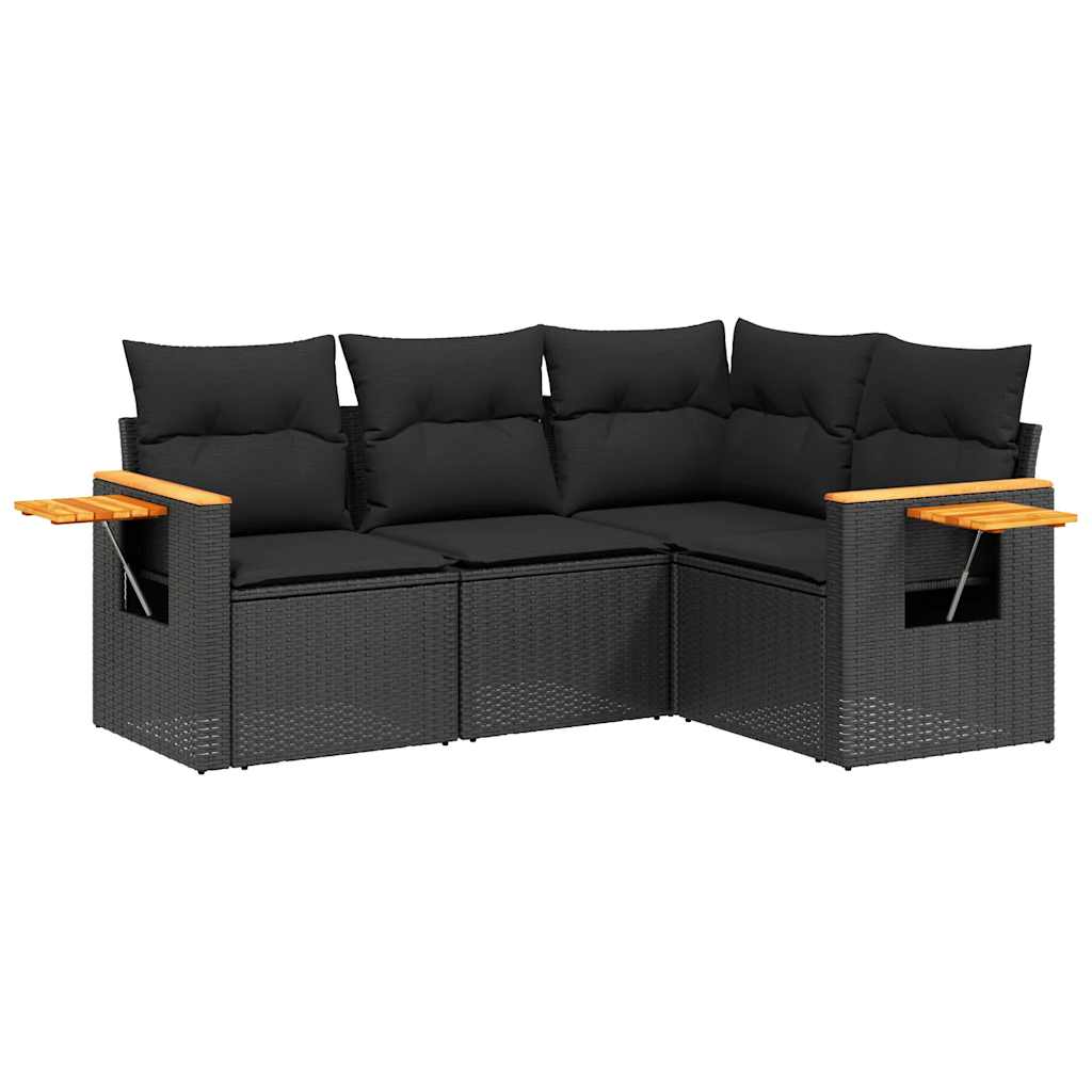 Salon de jardin 4 pcs avec coussins noir résine tressée