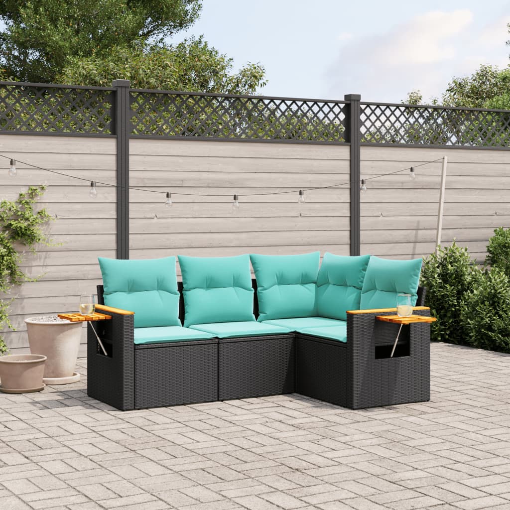 Salon de jardin 4 pcs avec coussins noir résine tressée