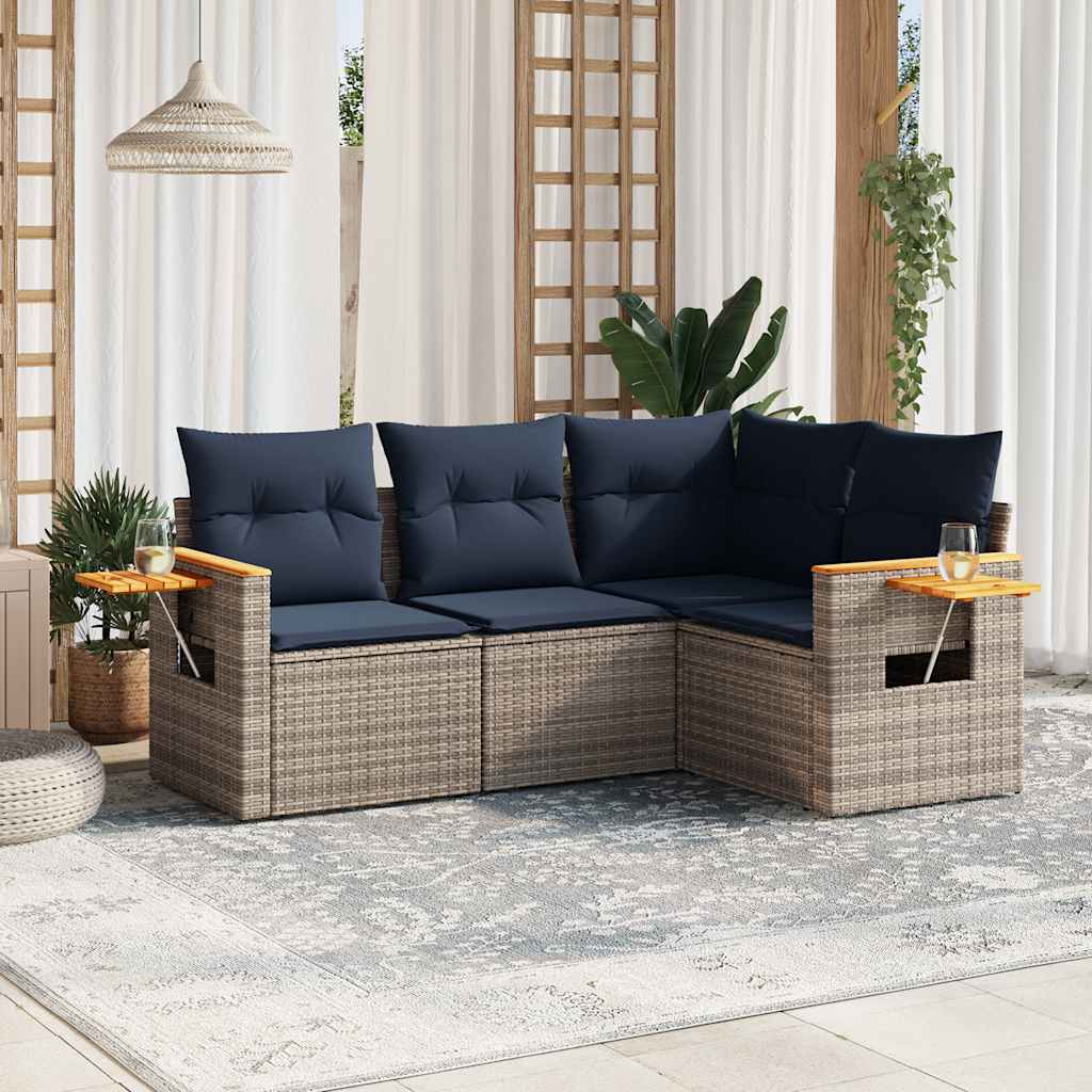 Salon de jardin 4 pcs avec coussins gris résine tressée