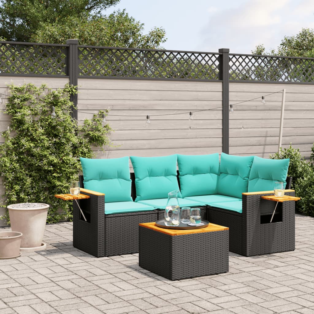 Salon de jardin 5 pcs avec coussins noir résine tressée