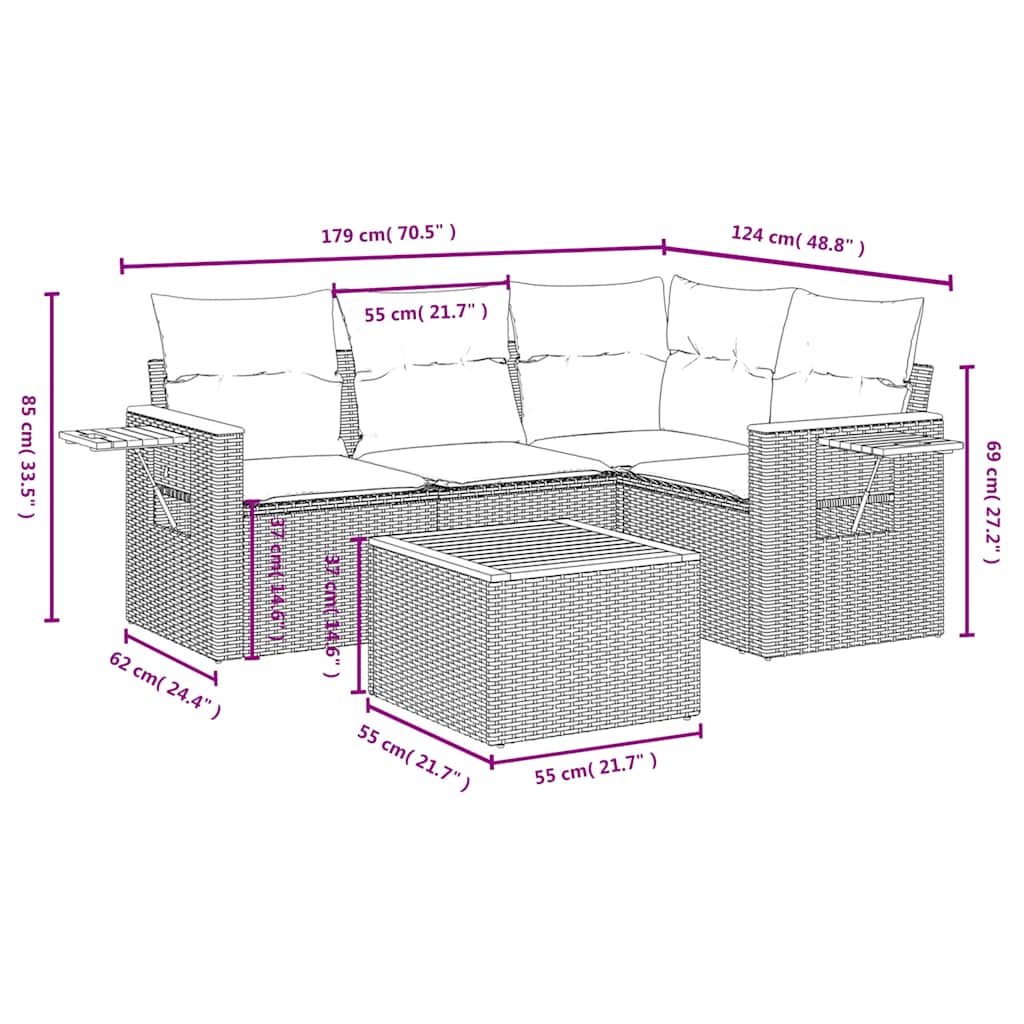 Salon de jardin 5 pcs avec coussins gris résine tressée