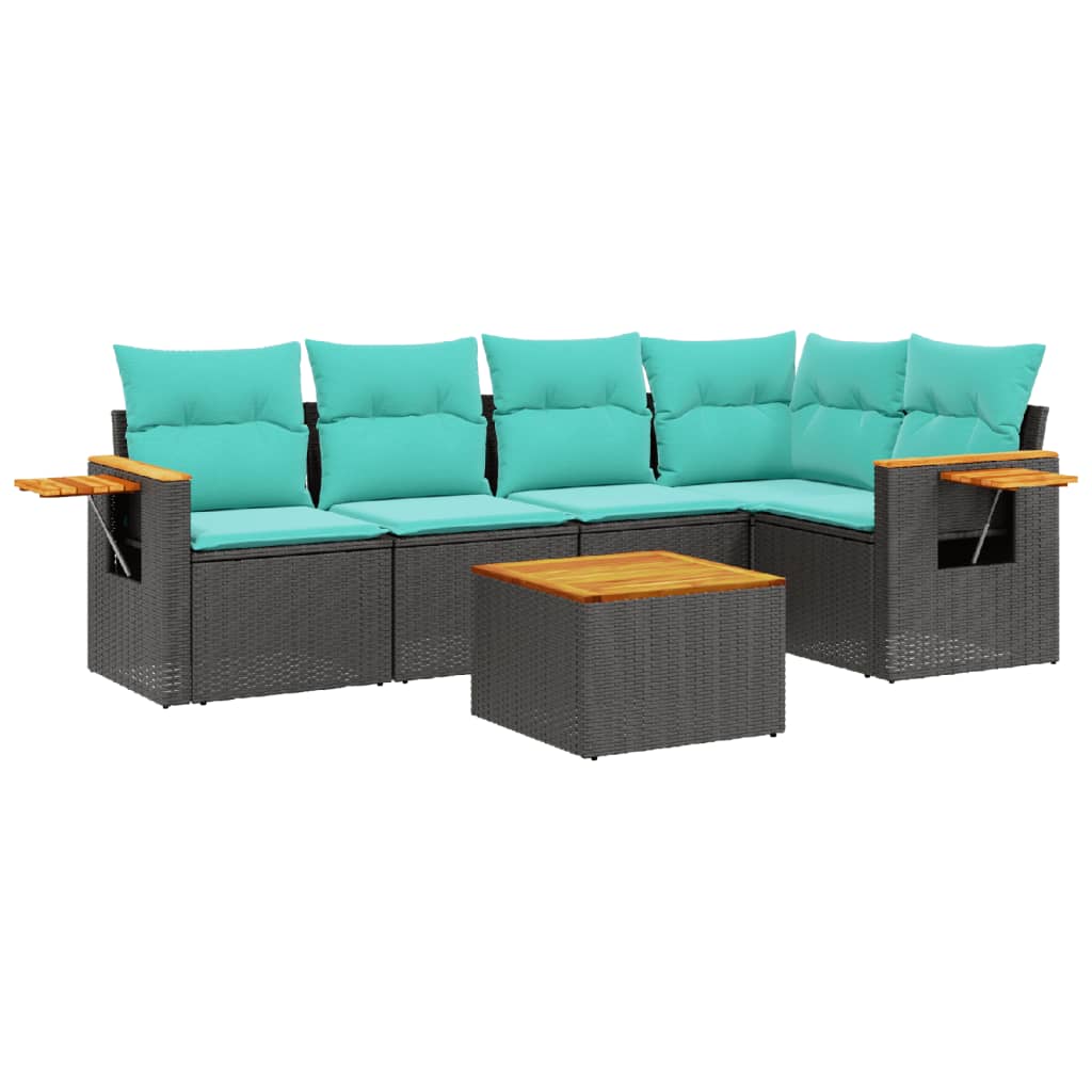 Salon de jardin 6 pcs avec coussins noir résine tressée