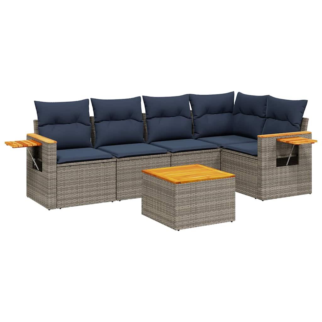 Salon de jardin 6 pcs avec coussins gris résine tressée