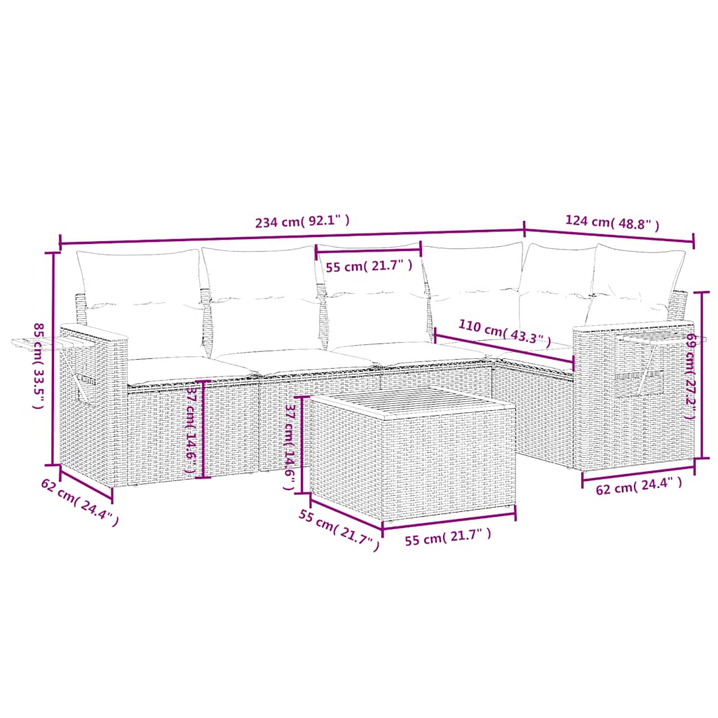 Salon de jardin 6 pcs avec coussins gris résine tressée