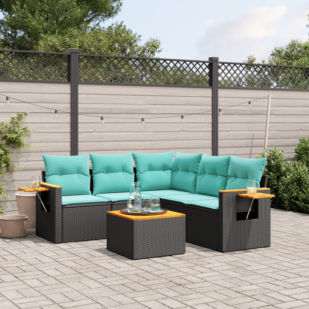 Salon de jardin 6 pcs avec coussins noir résine tressée