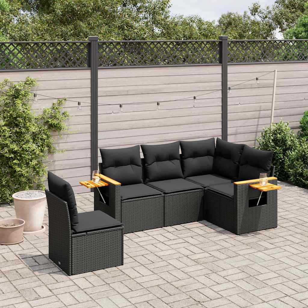 Salon de jardin 5 pcs avec coussins noir résine tressée