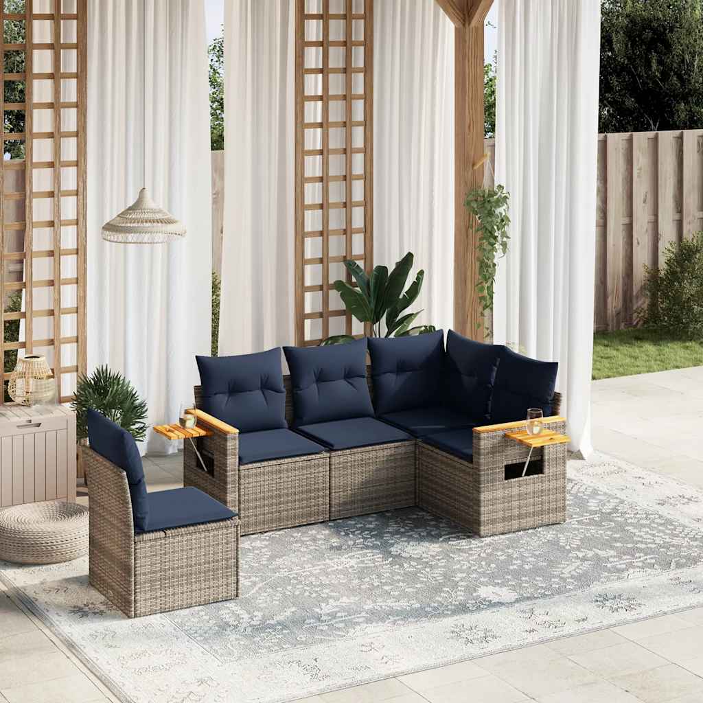 Salon de jardin 5 pcs avec coussins gris résine tressée