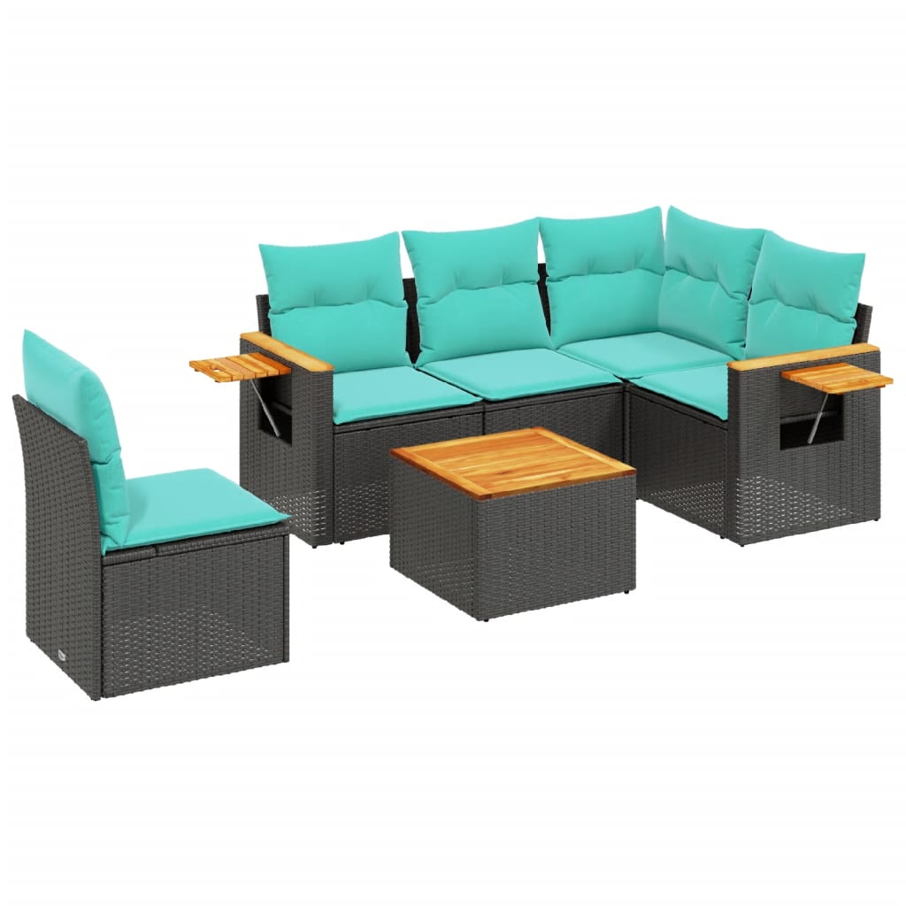 Salon de jardin 6 pcs avec coussins noir résine tressée