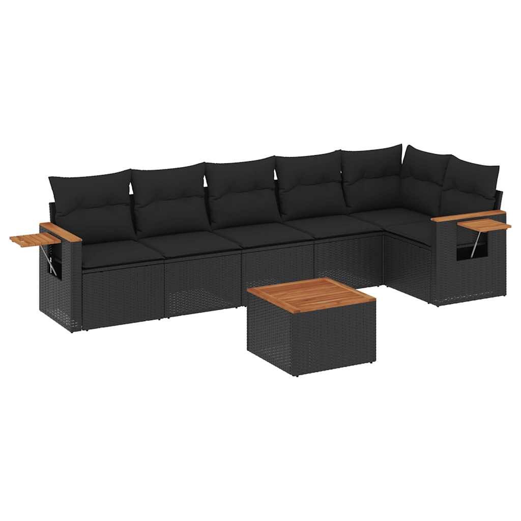 Salon de jardin 7 pcs avec coussins noir résine tressée