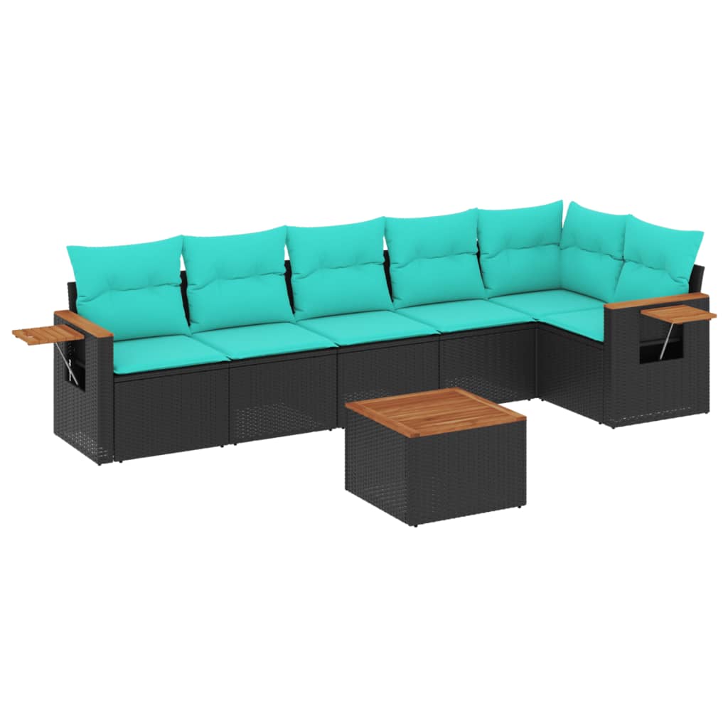 Salon de jardin 7 pcs avec coussins noir résine tressée