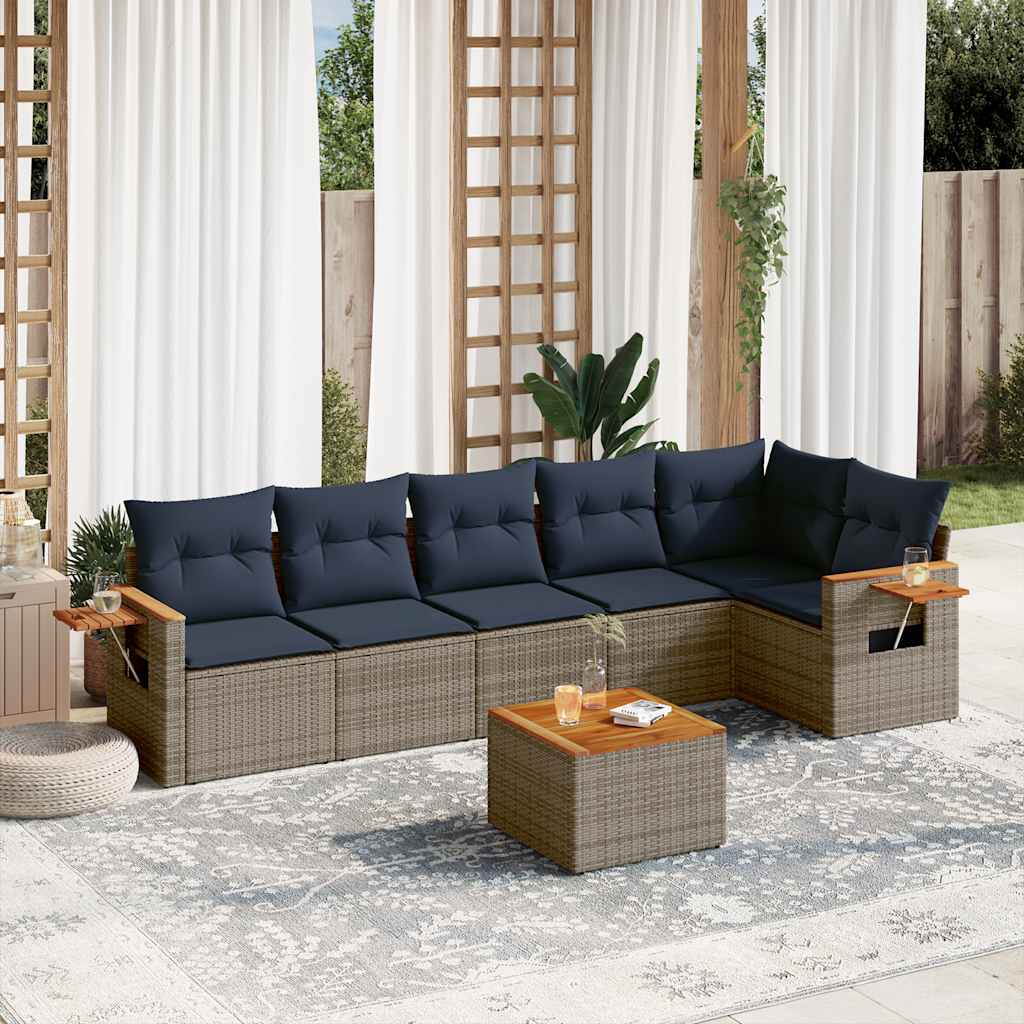 Salon de jardin 7 pcs avec coussins gris résine tressée