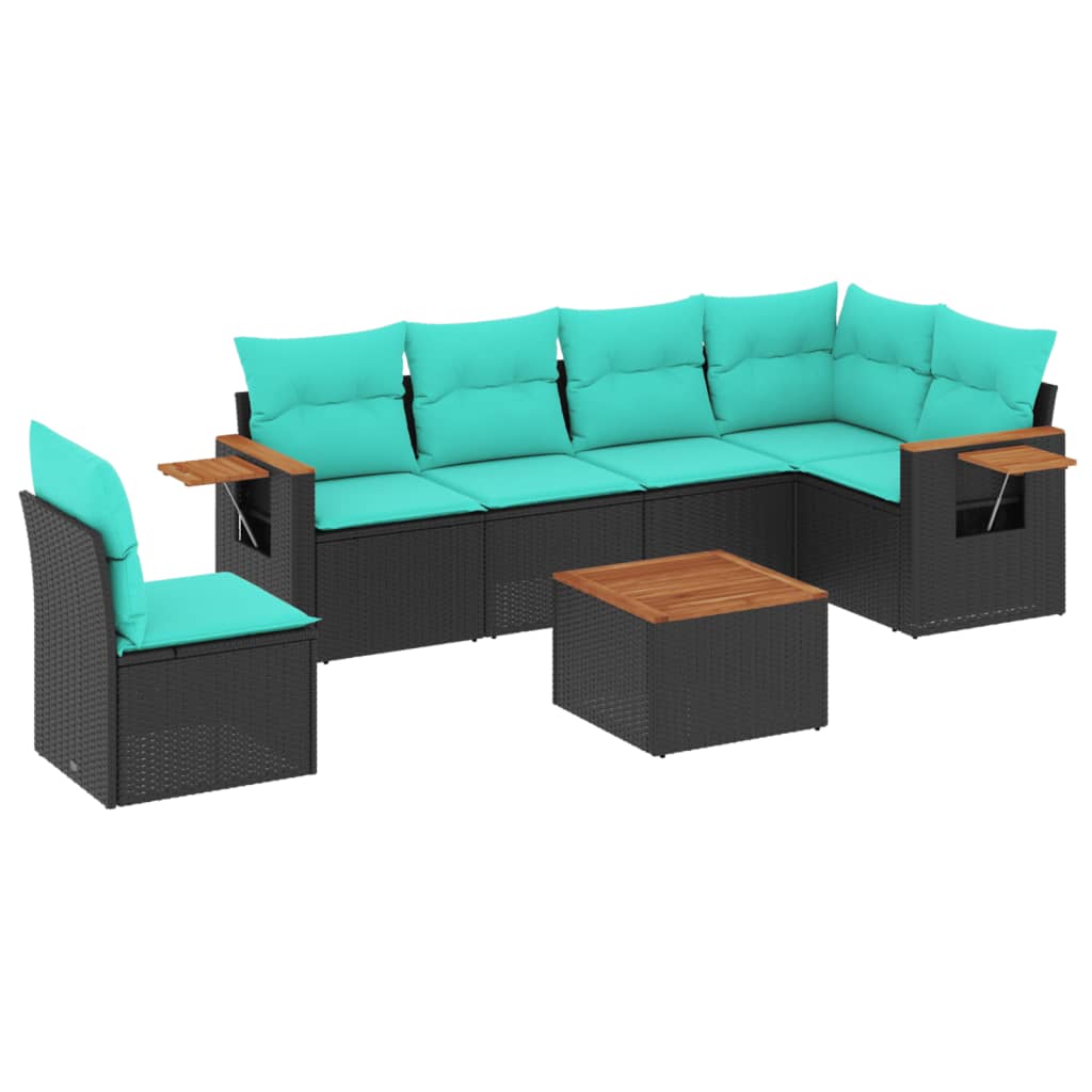 Salon de jardin 7 pcs avec coussins noir résine tressée
