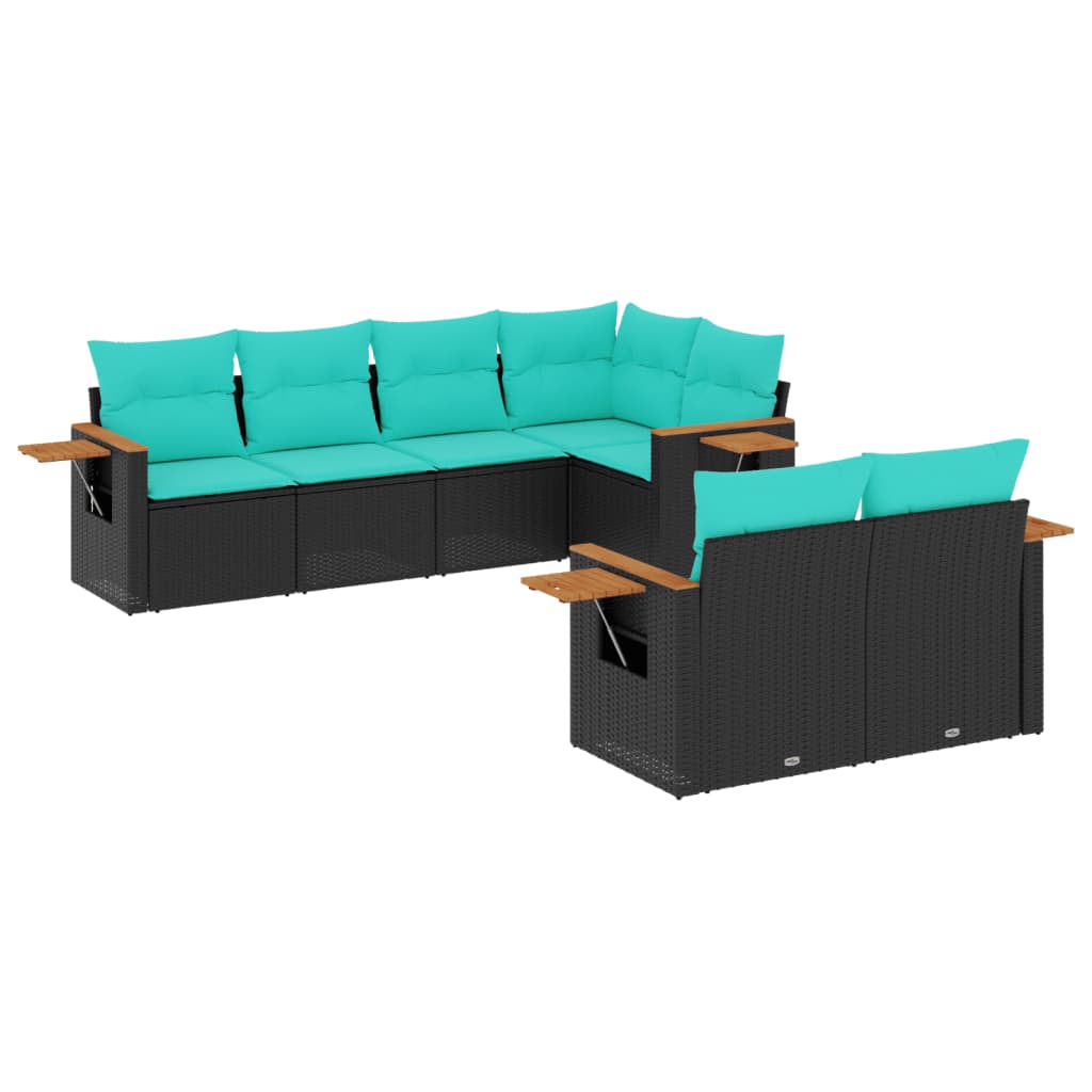 Salon de jardin 7 pcs avec coussins noir résine tressée