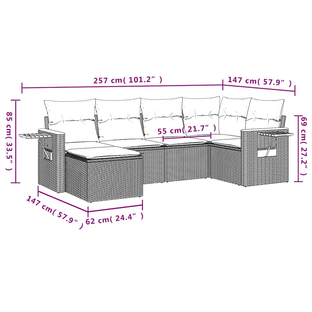 Salon de jardin 6 pcs avec coussins noir résine tressée