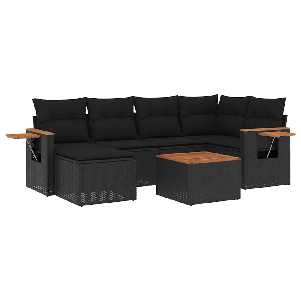 Salon de jardin 7 pcs avec coussins noir résine tressée