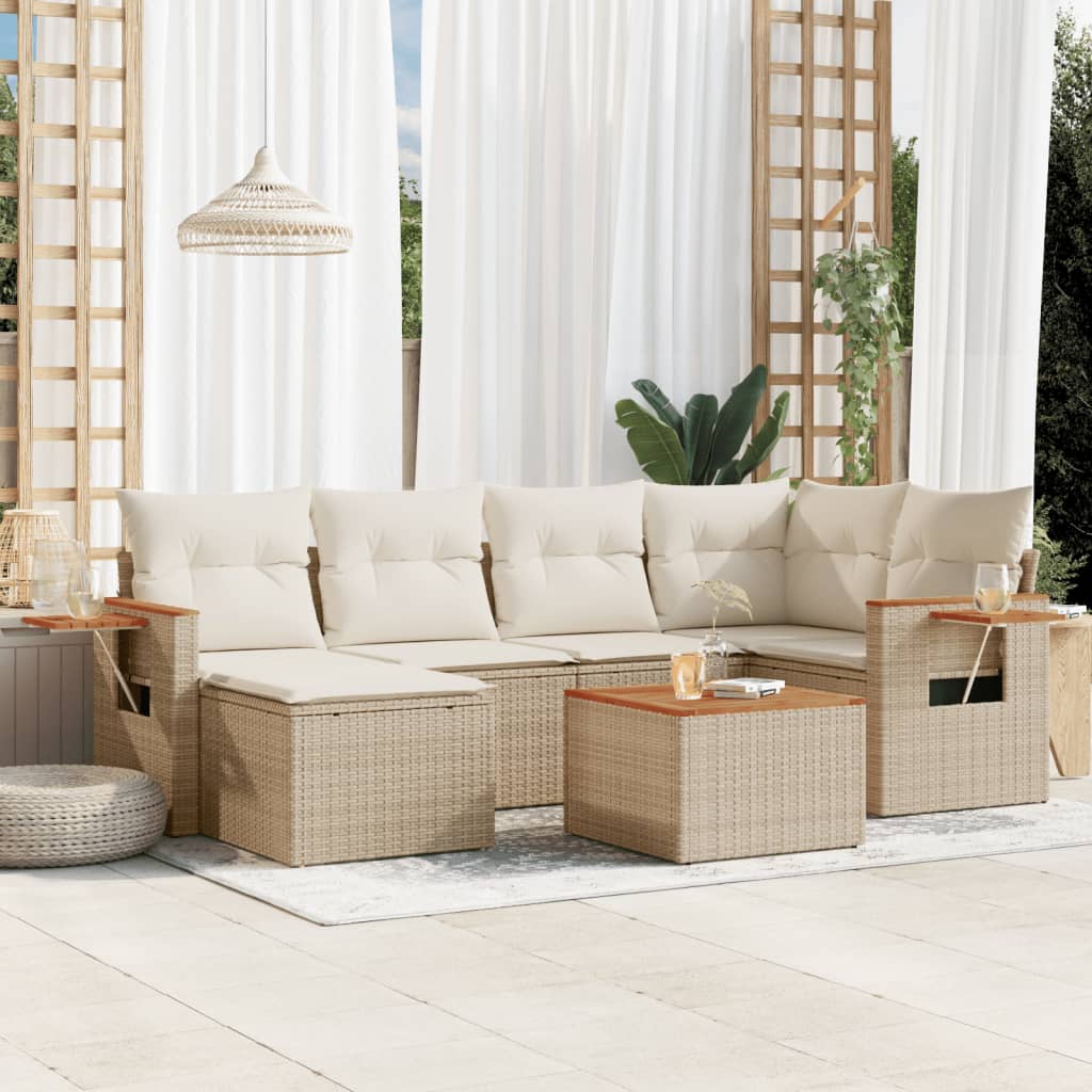 Salon de jardin avec coussins 7 pcs beige résine tressée