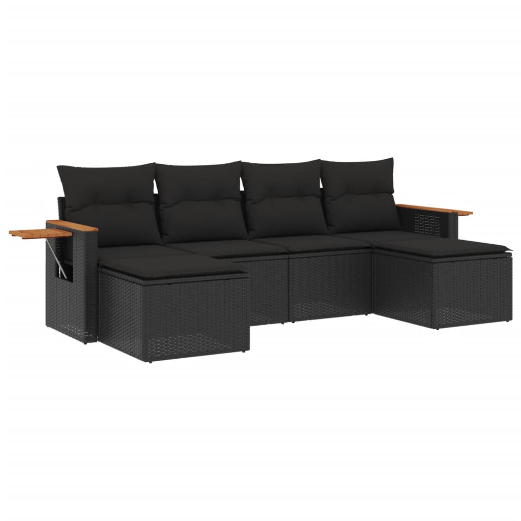 Salon de jardin 6 pcs avec coussins noir résine tressée