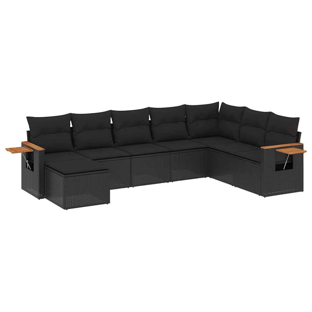 Salon de jardin 8 pcs avec coussins noir résine tressée