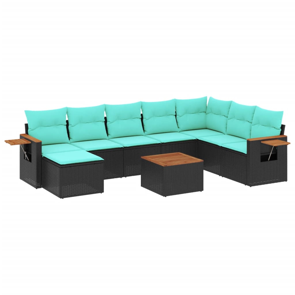 Salon de jardin 9 pcs avec coussins noir résine tressée