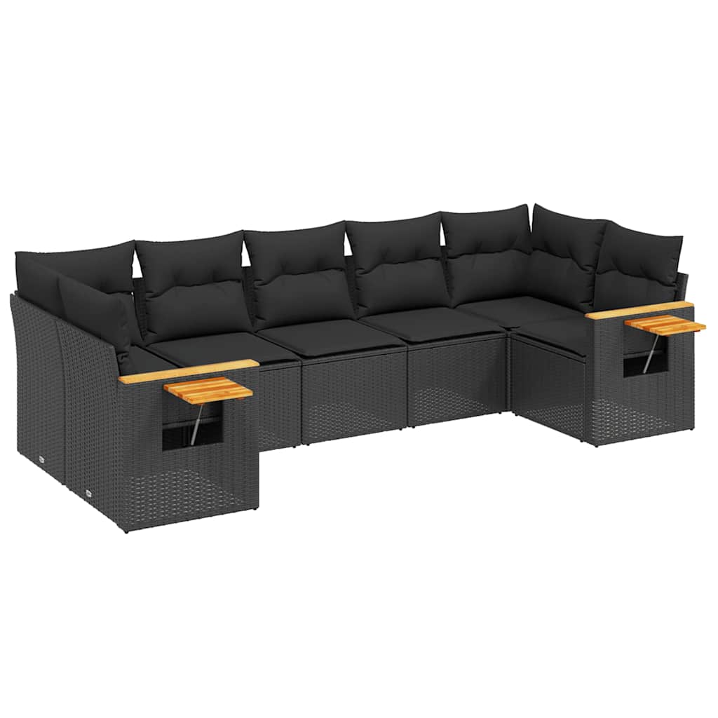 Salon de jardin 7 pcs avec coussins noir résine tressée
