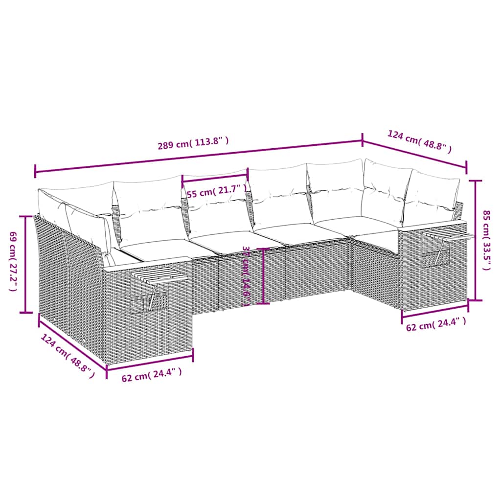 Salon de jardin 7 pcs avec coussins gris résine tressée