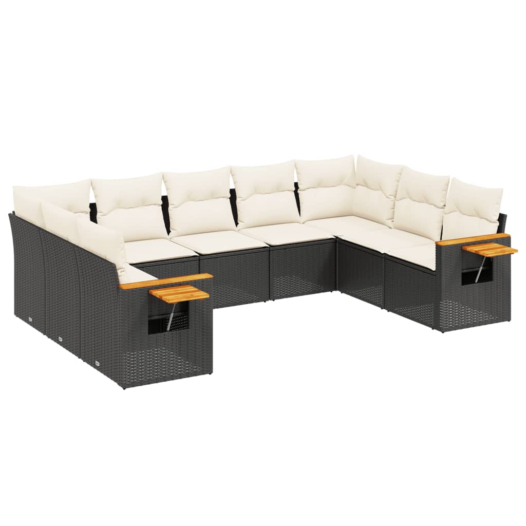 Salon de jardin 9 pcs avec coussins noir résine tressée