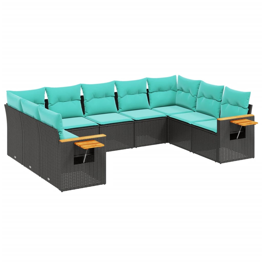 Salon de jardin 9 pcs avec coussins noir résine tressée