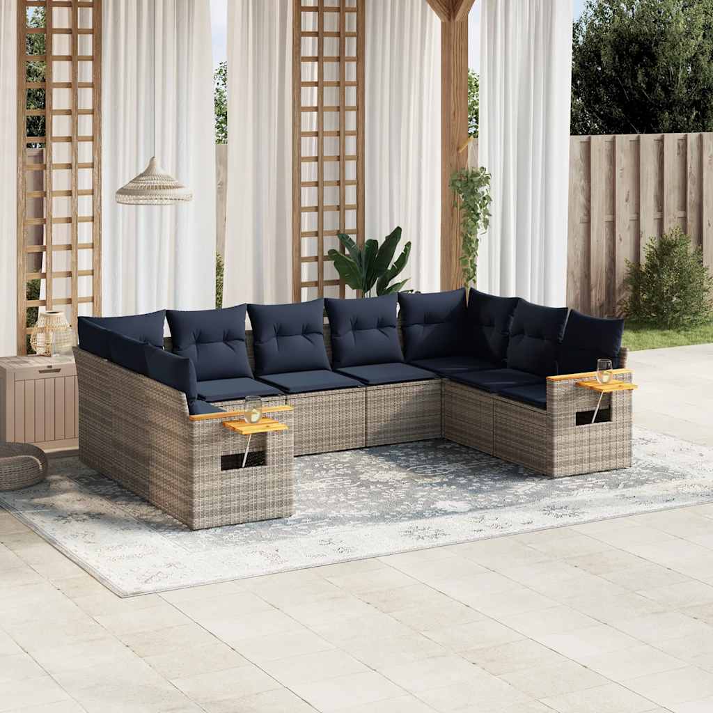 Salon de jardin 9 pcs avec coussins gris résine tressée