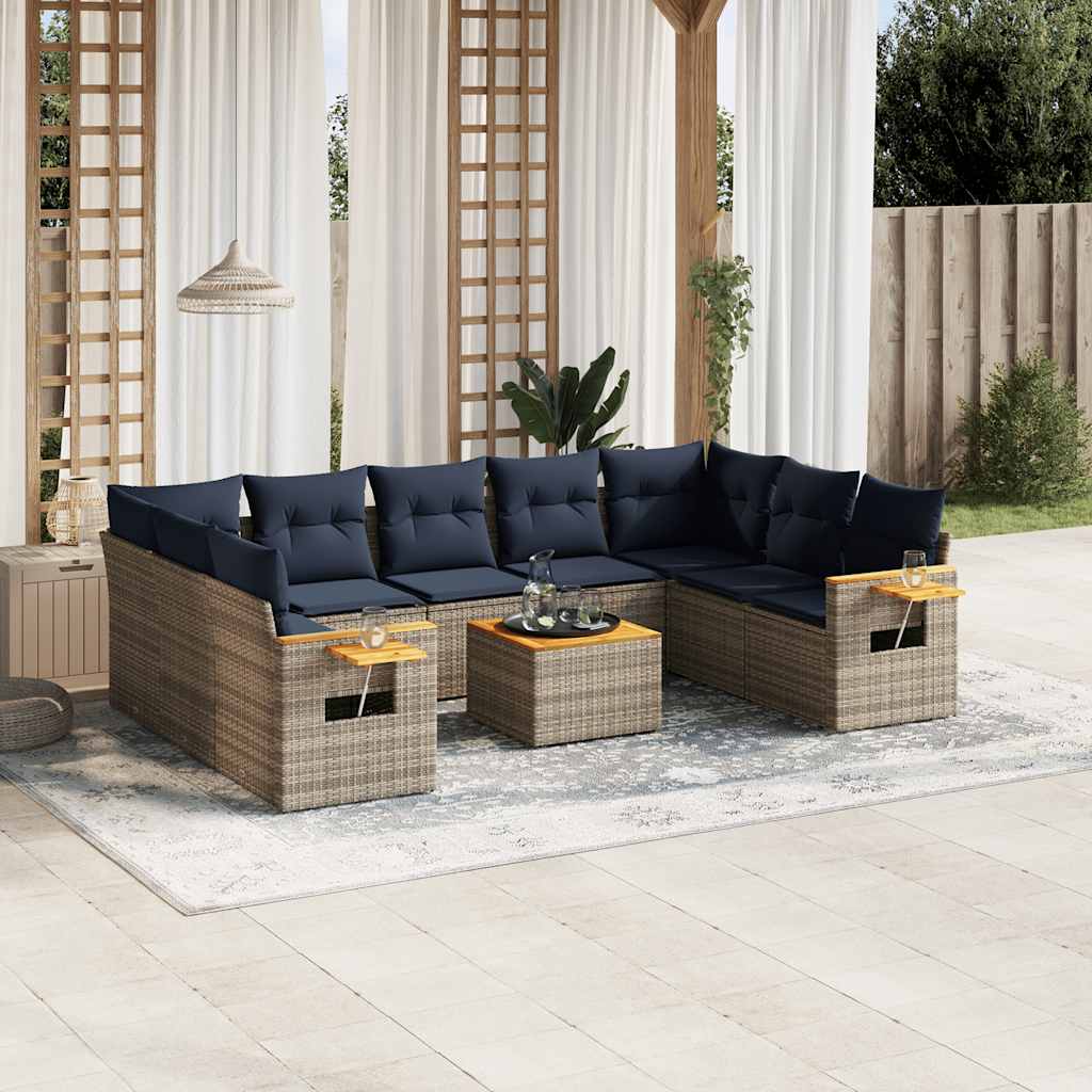 Salon de jardin 10 pcs avec coussins gris résine tressée