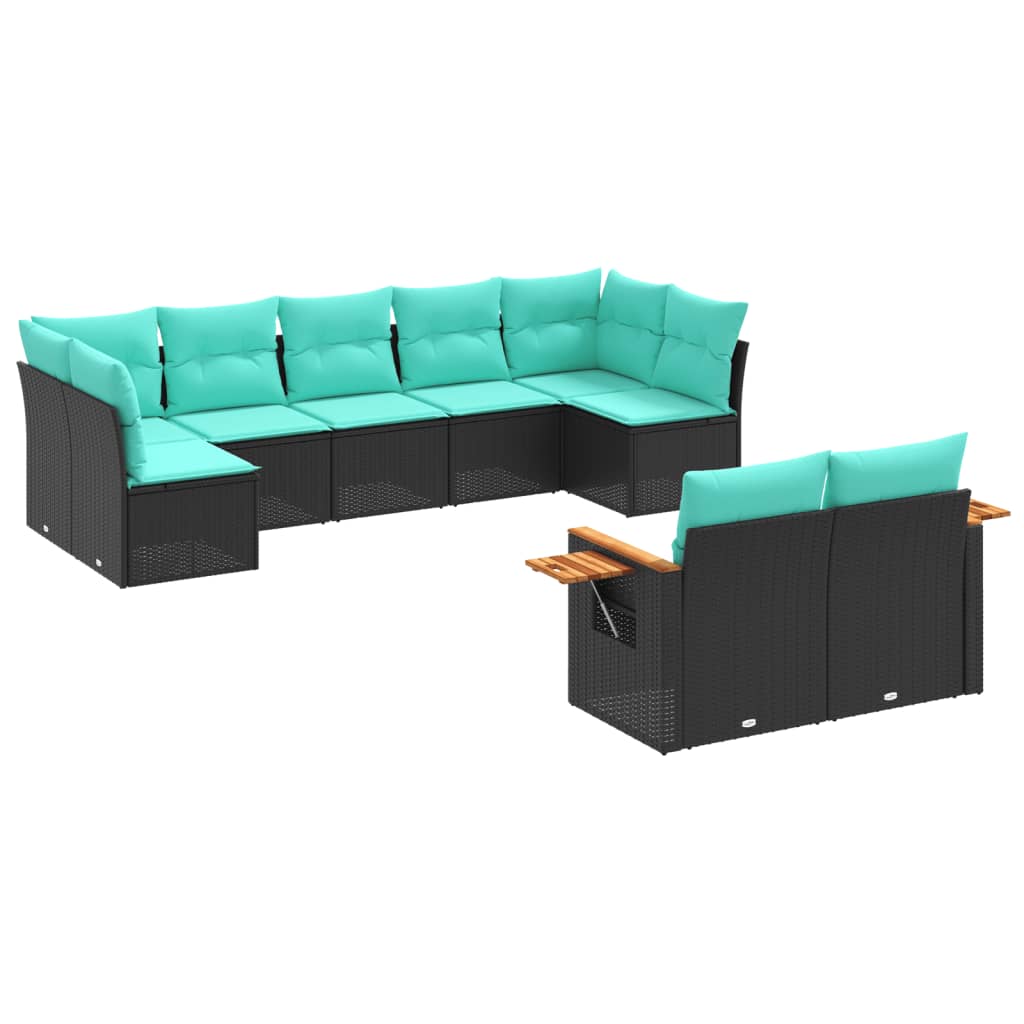 Salon de jardin 9 pcs avec coussins noir résine tressée