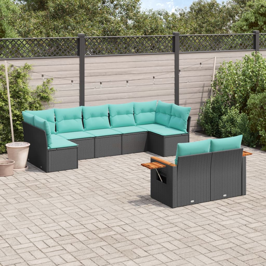 Salon de jardin 9 pcs avec coussins noir résine tressée