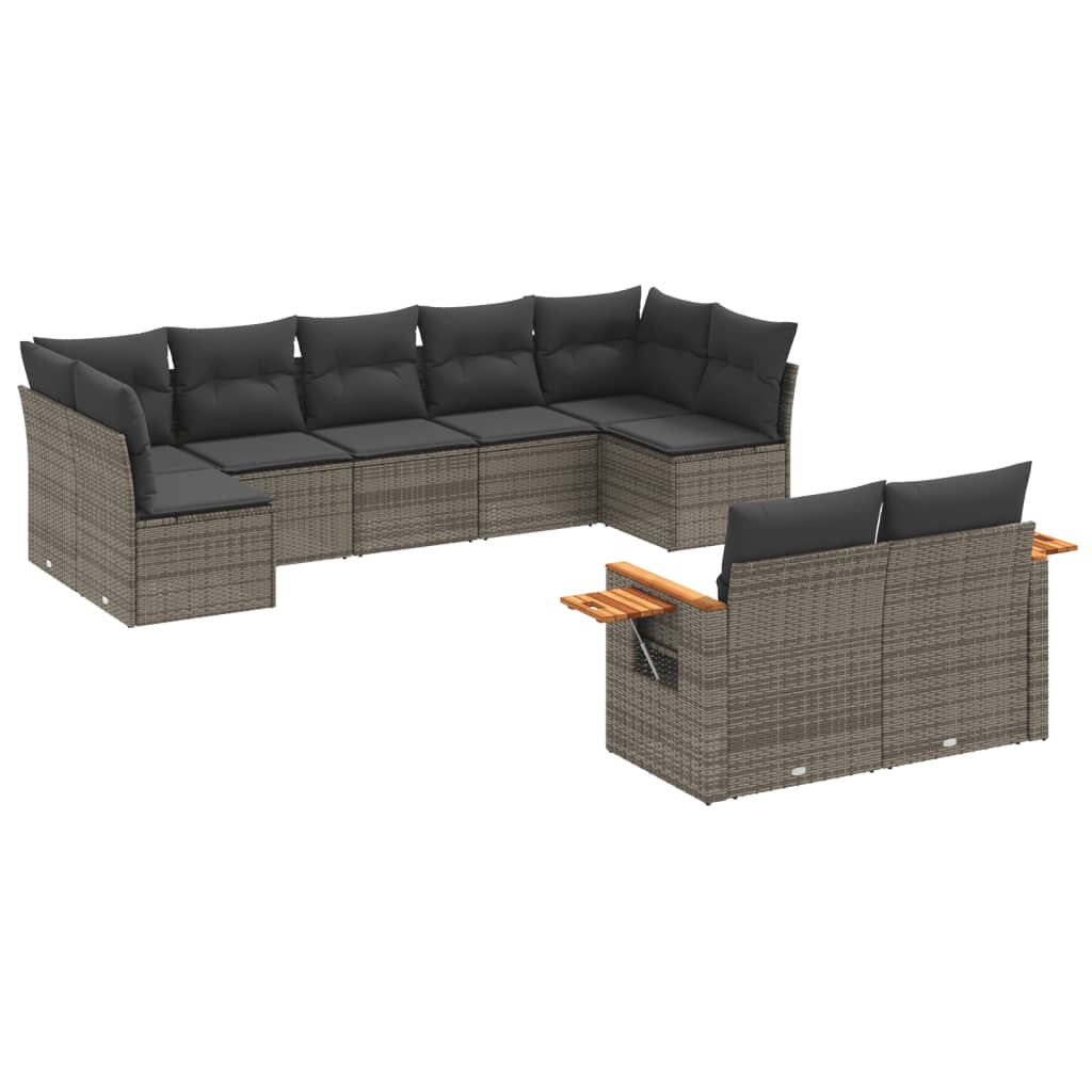 Salon de jardin 9 pcs avec coussins gris résine tressée